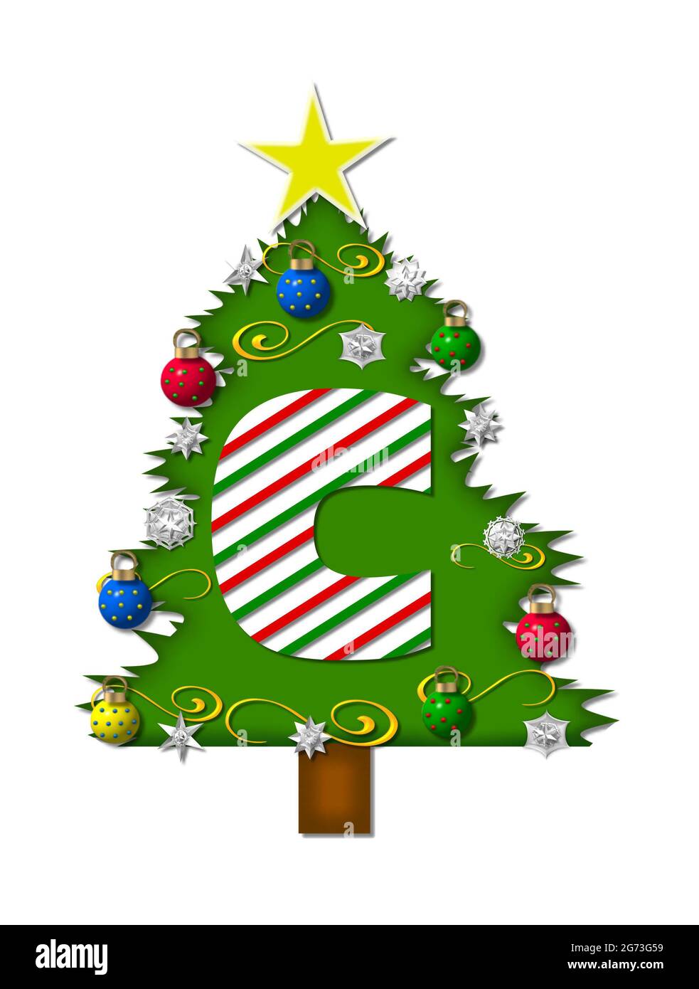 La lettera C, nell'insieme dell'alfabeto 'gioia di Natale', è una lettera a strisce di canna di caramella che decora un albero di Natale. L'albero è coperto di fiocchi di neve e 3D o Foto Stock