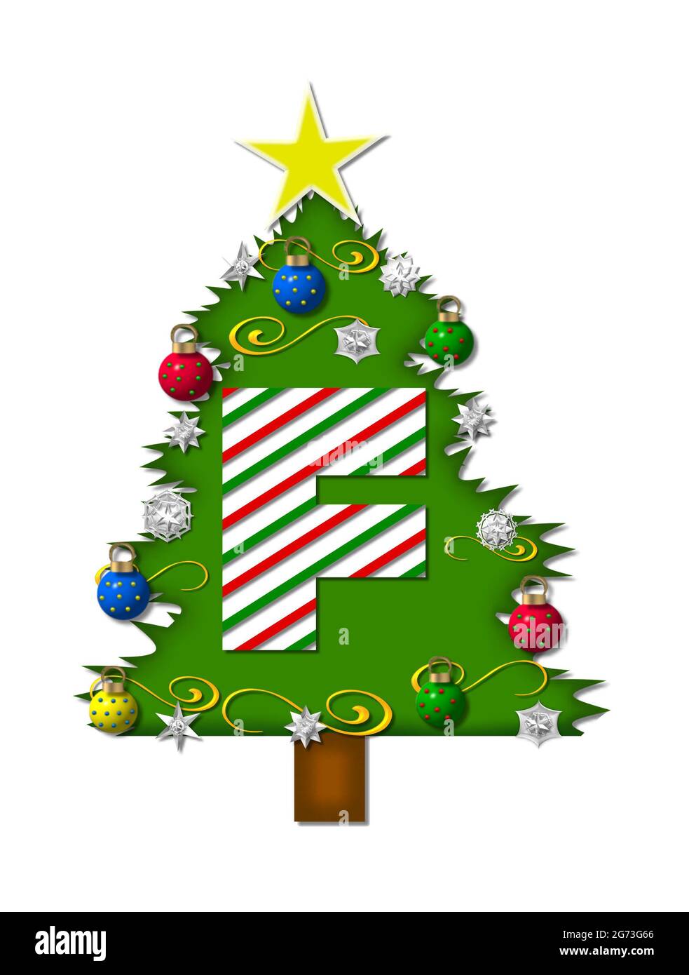 La lettera F, nell'insieme dell'alfabeto 'gioia di Natale', è una lettera a strisce di canna di caramella che decora un albero di Natale. L'albero è coperto di fiocchi di neve e 3D o Foto Stock