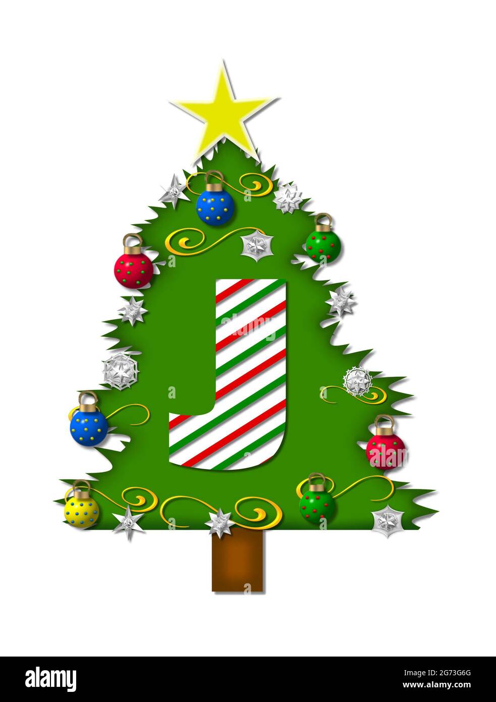 La lettera J, nell'insieme dell'alfabeto 'gioia di Natale', è una lettera a strisce di canna di caramella che decora un albero di Natale. L'albero è coperto di fiocchi di neve e 3D o Foto Stock