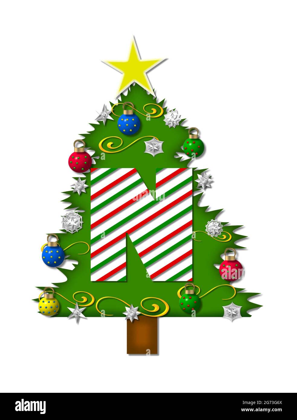La lettera N, nell'insieme dell'alfabeto 'gioia di Natale', è una lettera a strisce di canna di caramella che decora un albero di Natale. L'albero è coperto di fiocchi di neve e 3D o Foto Stock