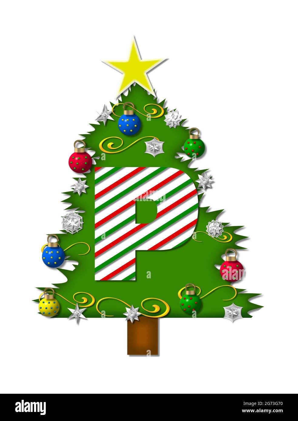 La lettera P, nell'insieme dell'alfabeto 'gioia di Natale', è una lettera a strisce di canna di caramella che decora un albero di Natale. L'albero è coperto di fiocchi di neve e 3D o Foto Stock