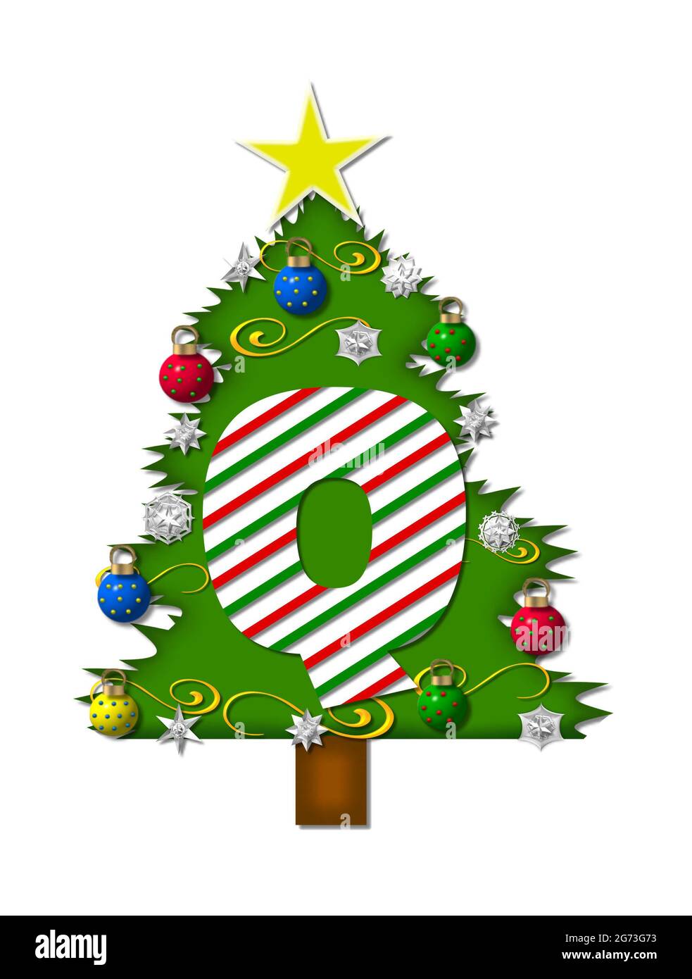 La lettera Q, nell'insieme dell'alfabeto 'gioia di Natale', è una lettera a strisce di canna di caramella che decora un albero di Natale. L'albero è coperto di fiocchi di neve e 3D o Foto Stock