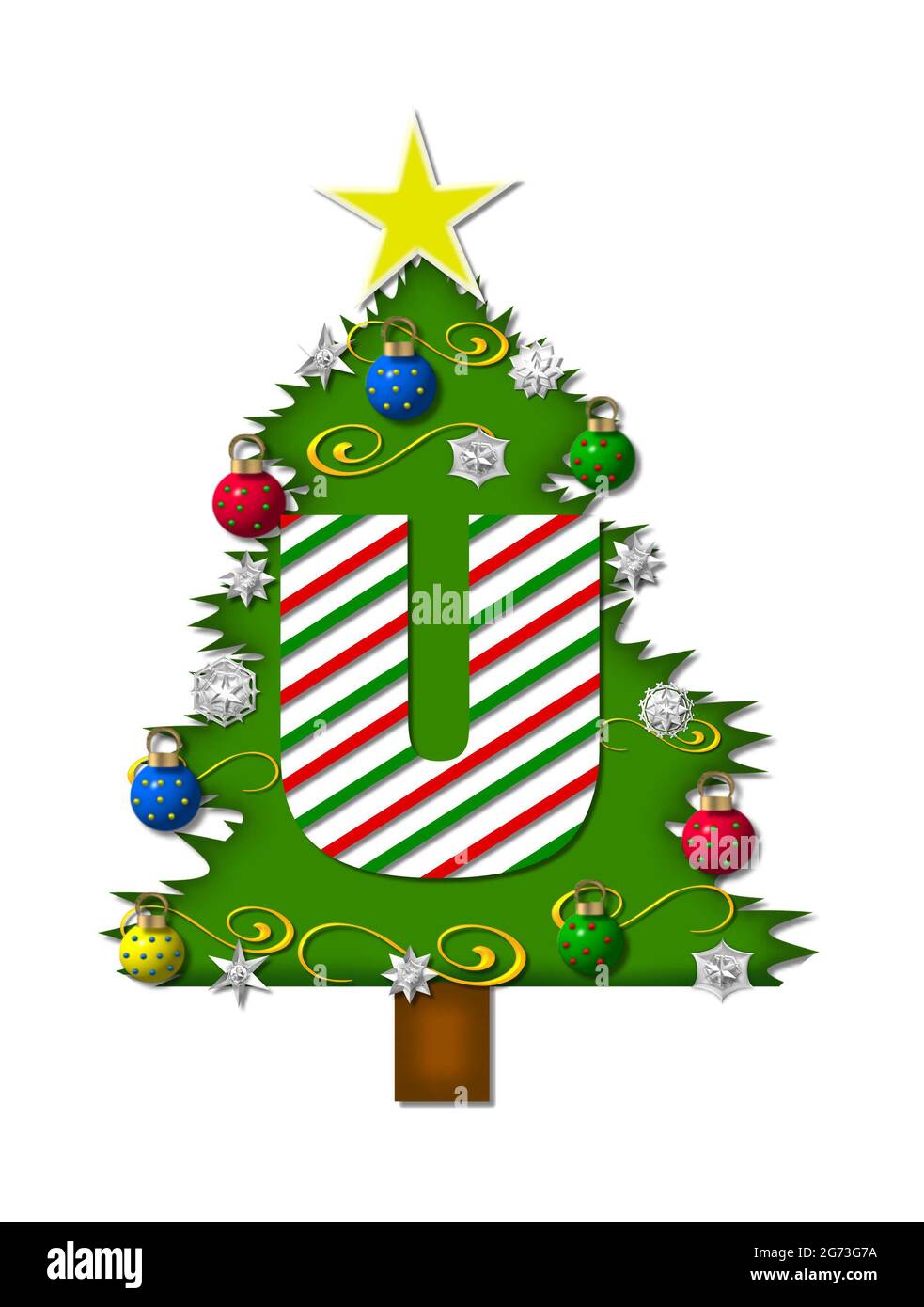 La lettera U, nell'insieme dell'alfabeto 'gioia di Natale', è una lettera a strisce di canna di caramella che decora un albero di Natale. L'albero è coperto di fiocchi di neve e 3D o Foto Stock