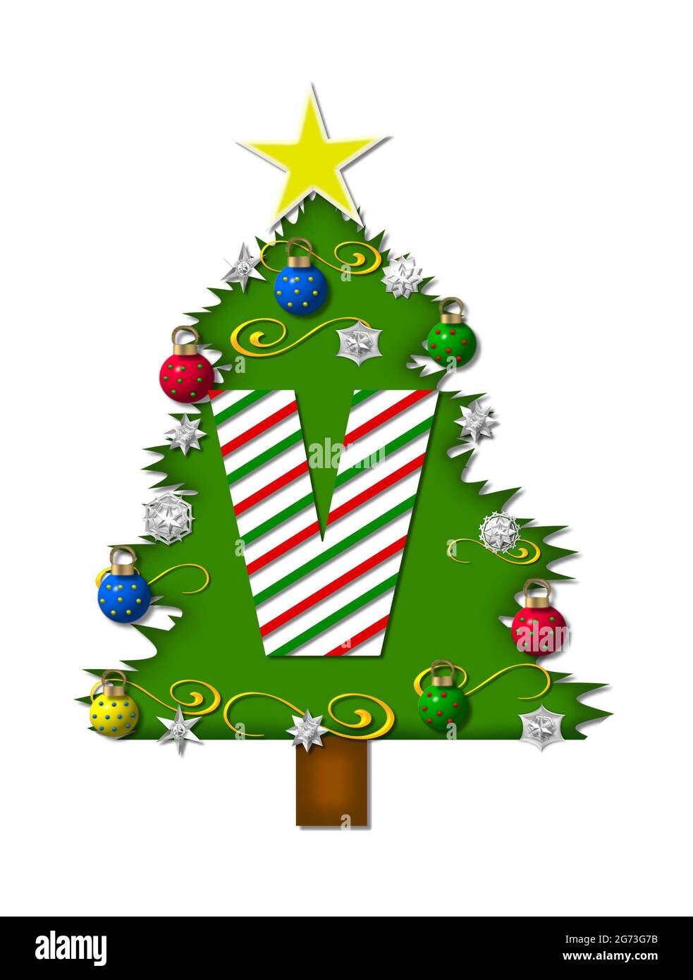 La lettera V, nell'insieme dell'alfabeto 'gioia di Natale', è una lettera a strisce di canna caramella che decora un albero di Natale. L'albero è coperto di fiocchi di neve e 3D o Foto Stock