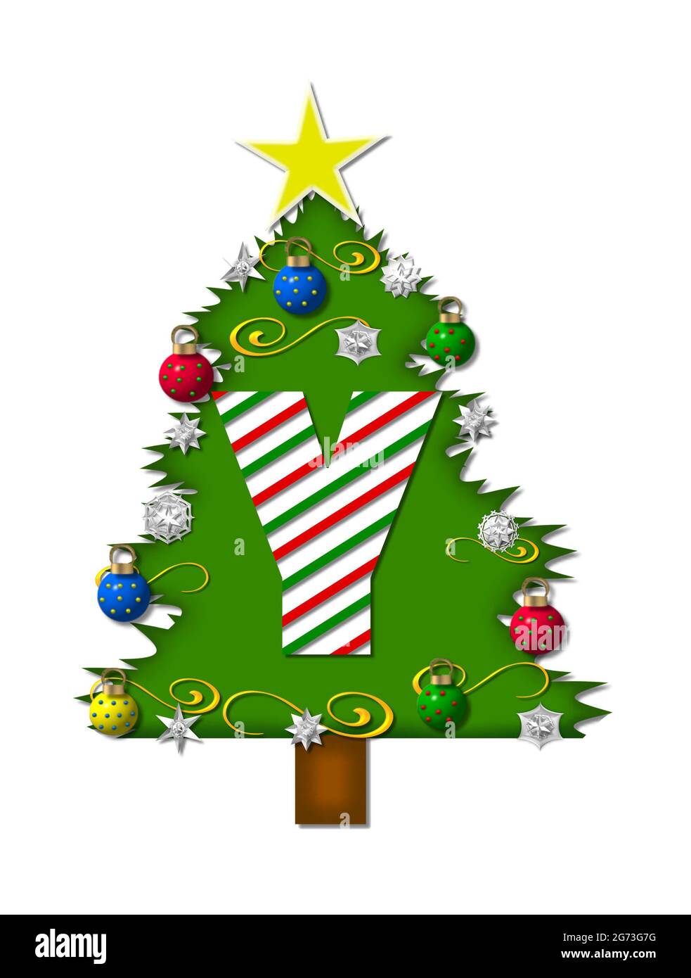 La lettera Y, nell'insieme dell'alfabeto 'gioia di Natale', è una lettera a strisce di canna di caramella che decora un albero di Natale. L'albero è coperto di fiocchi di neve e 3D o Foto Stock