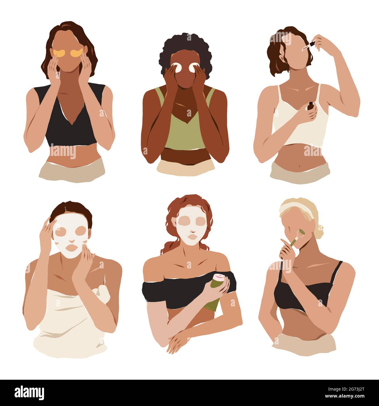 Varie donne di etnia che applicano il siero del viso, maschera di foglio, occhione, facendo massaggio facciale con rullo di giada, rituali di cura della pelle, ritratto astratto delle donne Illustrazione Vettoriale