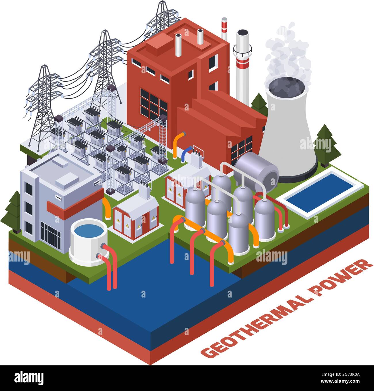Composizione isometrica dell'elettricità con illustrazione vettoriale 3d della centrale geotermica Illustrazione Vettoriale
