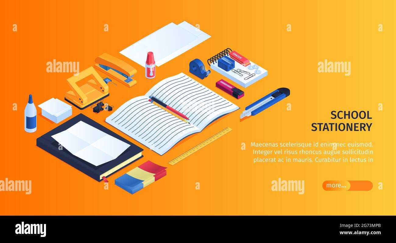 Sfondo di cancelleria della scuola con copybook di gomma e illustrazione vettoriale isometrica di colla Illustrazione Vettoriale