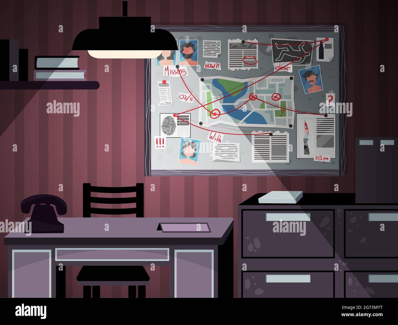 Composizione interna dell'ufficio del consiglio di investigazione con vista interna dello spazio di lavoro degli investigatori privati con pezzi di illustrazione vettoriale di mobili Illustrazione Vettoriale