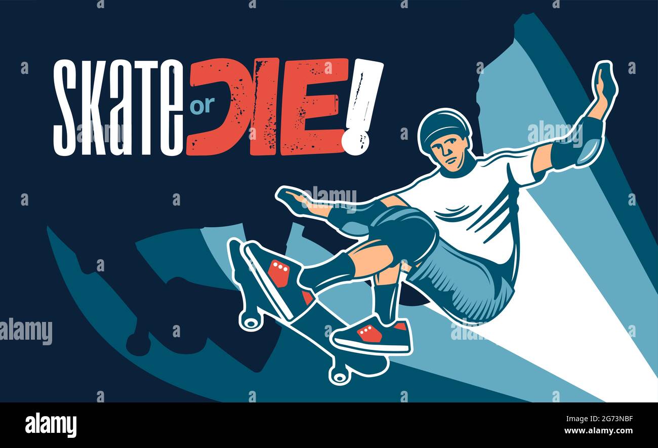 Extreme skateboard colorato sfondo disegnato a mano con giovane uomo in casco e ginocchiere pattinare sulle strade della città o skate rampa vettore illustrazione Illustrazione Vettoriale