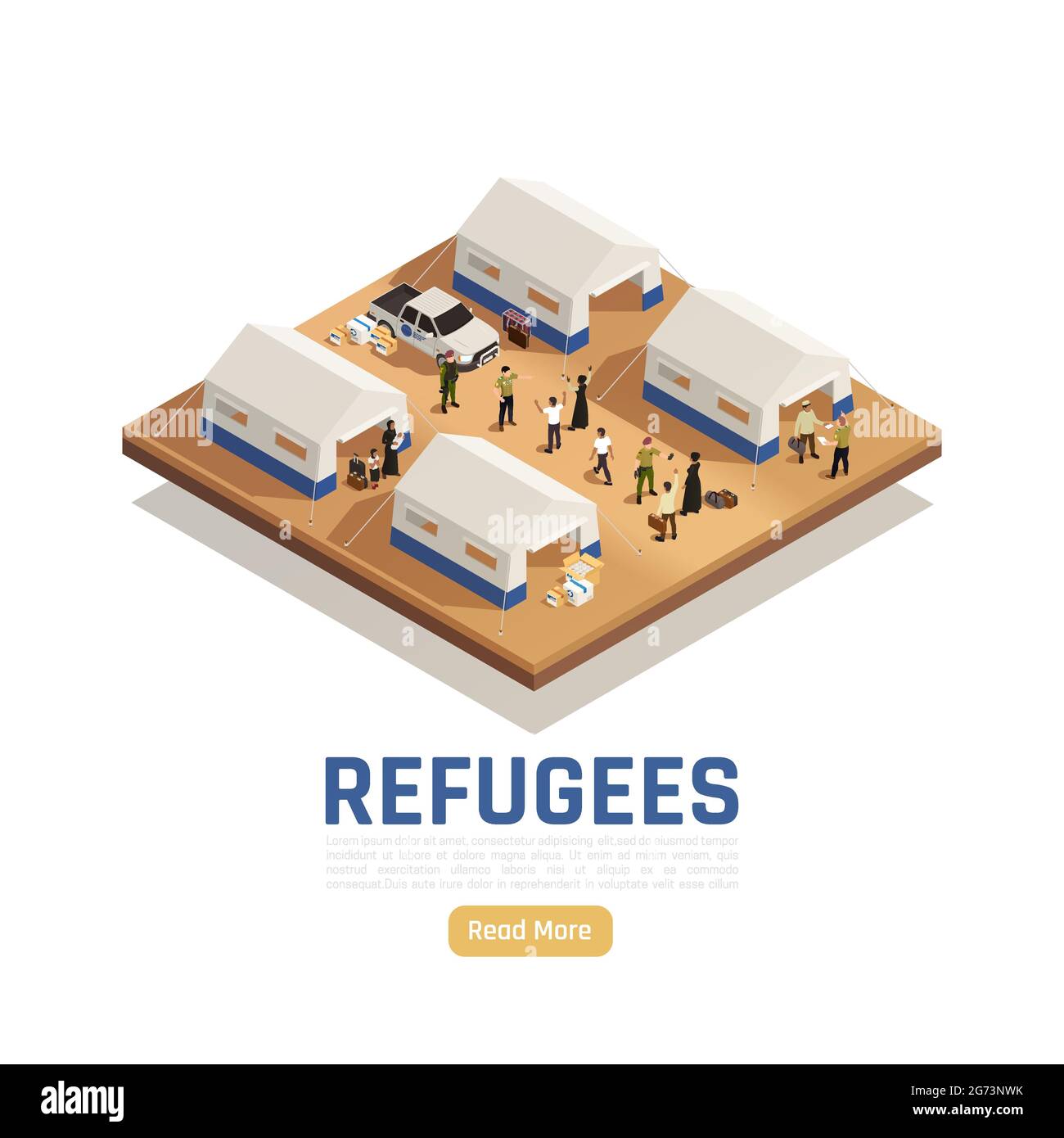 Rifugiati asilo sfondo isometrico con auto che ha fornito aiuti umanitari al campo per gli immigrati illustrazione vettoriale Illustrazione Vettoriale