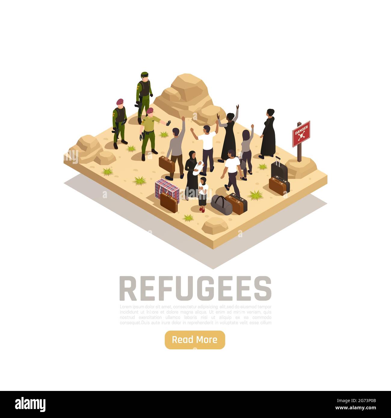 I rifugiati sono un vettore isometrico con i militanti che incontrano gruppi di persone fuggite dalla guerra e che hanno bisogno di aiuto Illustrazione Vettoriale