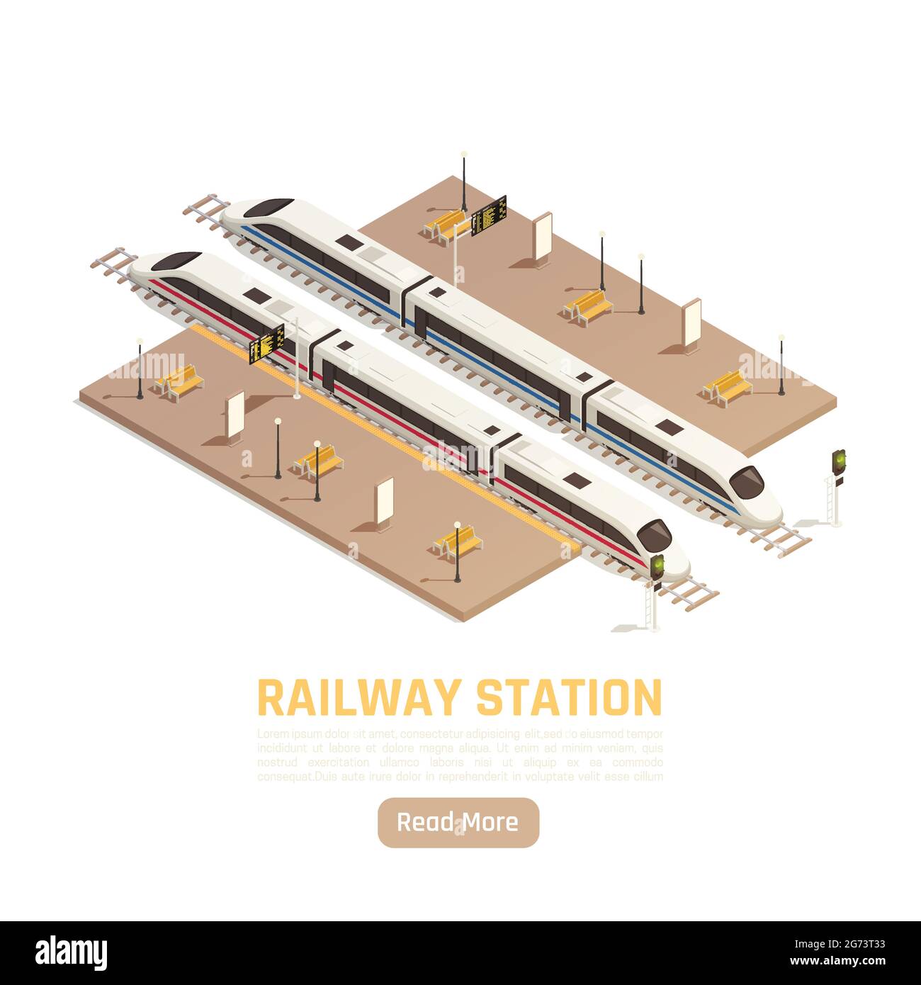 Stazione ferroviaria sfondo isometrico con il pulsante Read more testo modificabile e piattaforme con treni interurbani illustrazione vettoriale Illustrazione Vettoriale