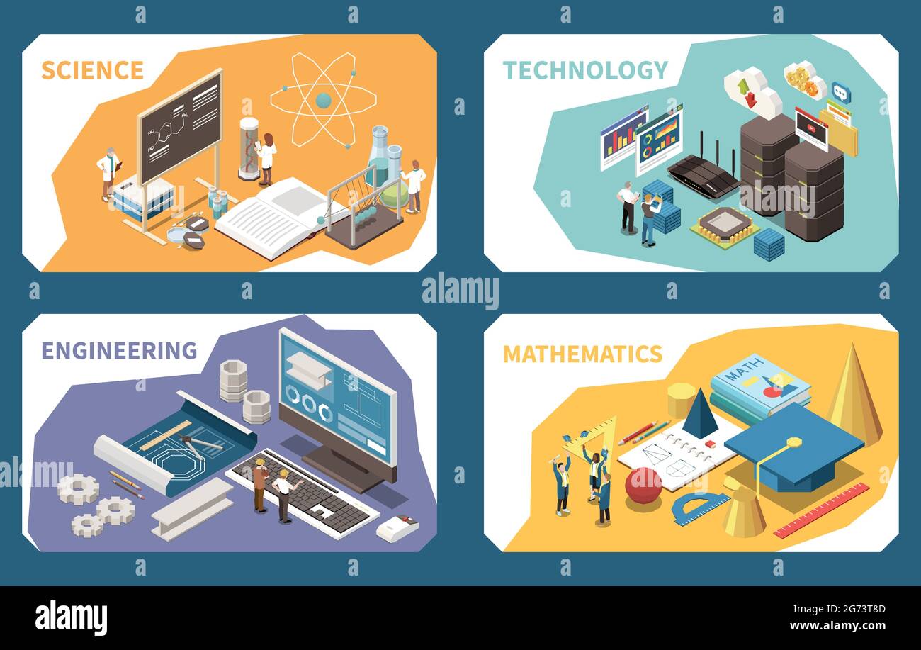 STEM Education Concept 4 schede di composizioni isometriche con lezioni scientifiche software di ingegneria matematica forme geometriche illustrazione vettoriale Illustrazione Vettoriale