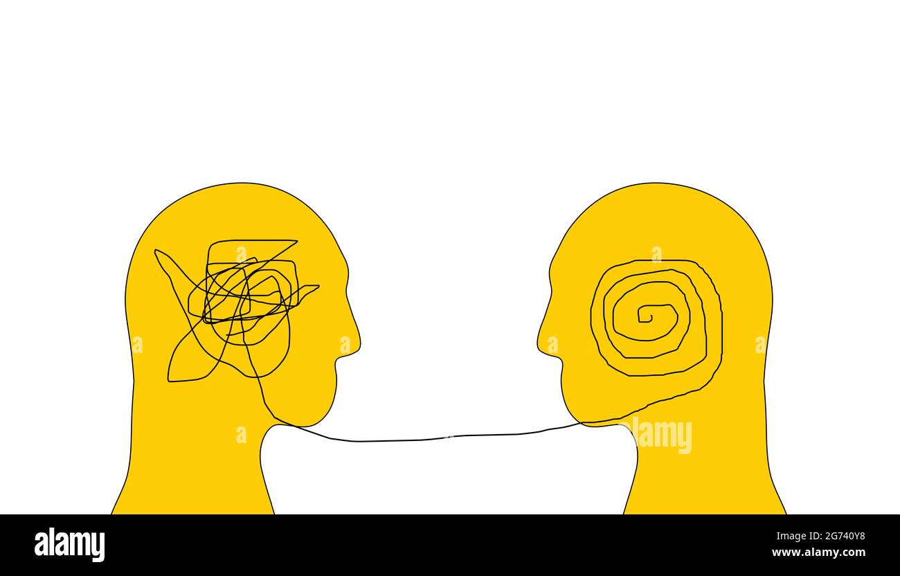 Concetto di Psicoterapia a due capi umani. Terapeuta e paziente cervello collegato con filamenti. Psicologo strategia e comunicazione con COM Foto Stock