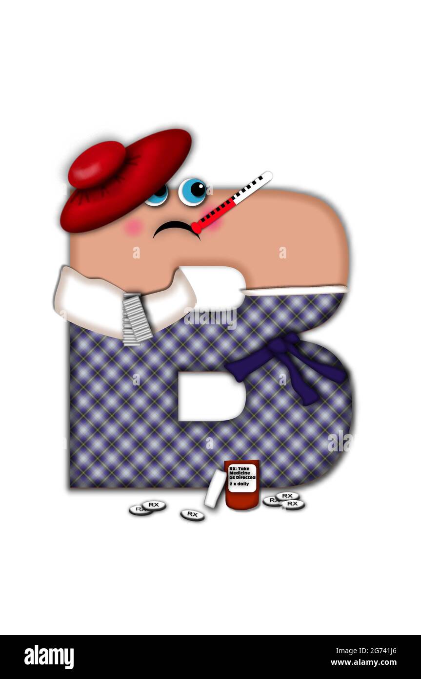 La lettera dell'alfabeto B, nell'alfabeto Set fu Season, è vestita di accappatoio e sciarpa. La lettera ha gli occhi e una malerabile rana. Medicina, termometro, Foto Stock