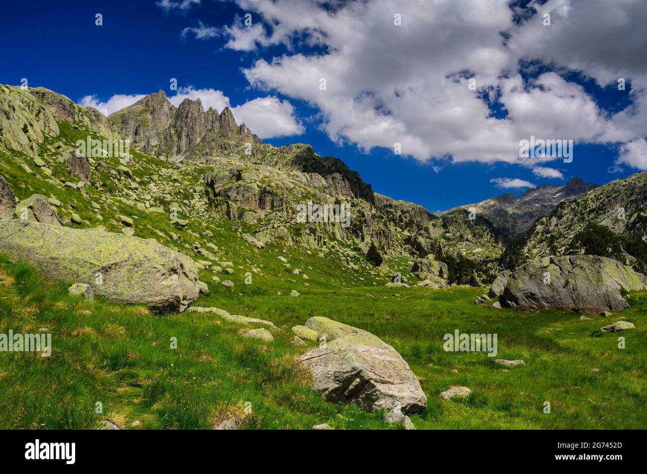 Agulles de Travessani aghi in un pomeriggio estivo (Vall de Boí, Catalogna, Spagna, Pirenei) ESP: Agujas de Travessani en una tarde de verano Foto Stock