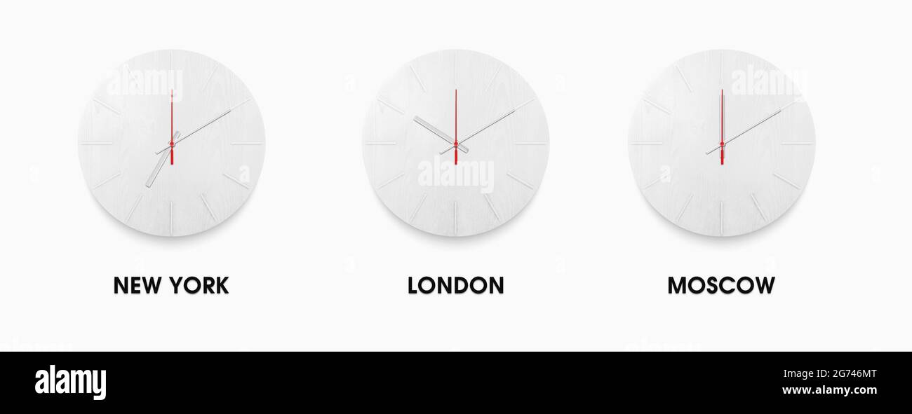 Set di eleganti orologi bianchi per fusi orari in città diverse. Orologio bianco su sfondo bianco Foto Stock