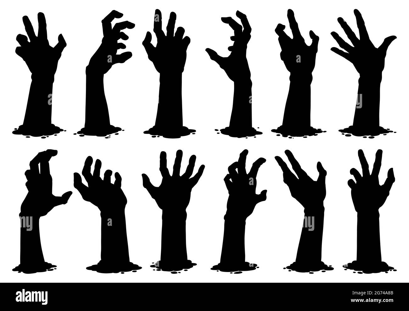 Halloween mani zombie. Le braccia infestate da fantasmi appaiono del set di illustrazioni vettoriali con silhouette a terra. Elementi di armi di zombie creepy Illustrazione Vettoriale