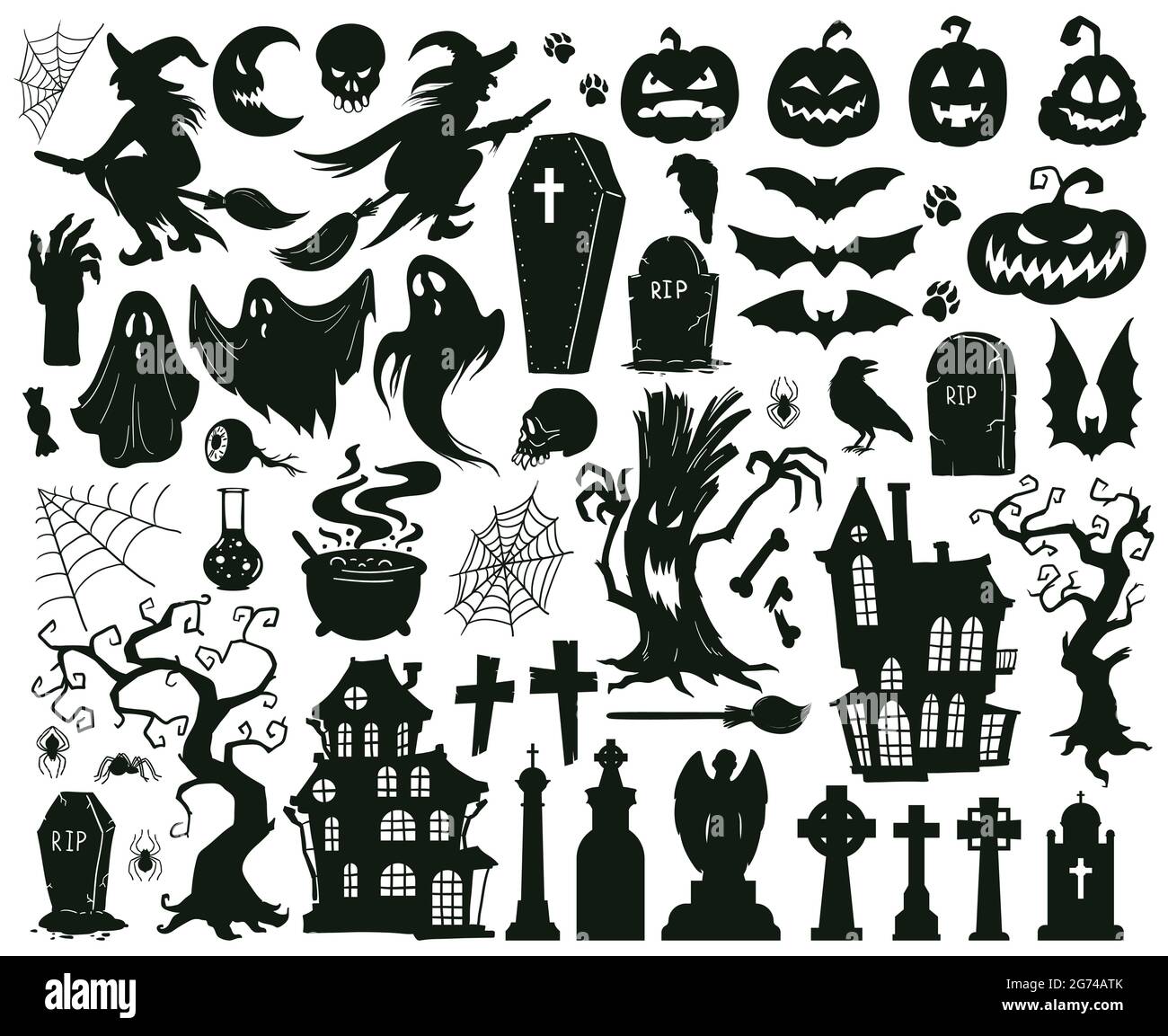 Halloween elementi spooky. Cartoon halloween spoky silhouette male, streghe, mostri e creepy fantasma vettore illustrazione set. Halloween felice Illustrazione Vettoriale