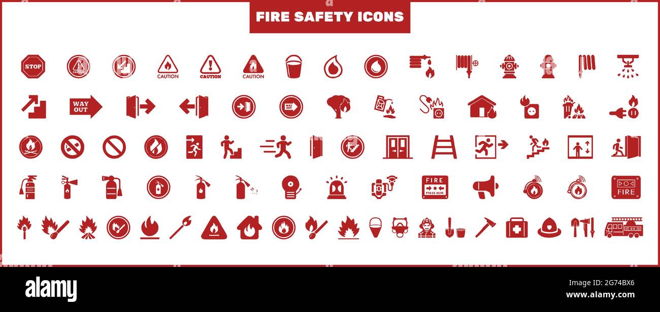 Set di simboli o icone di sicurezza antincendio. Set di icone antincendio. Raccolta di segnali di avvertenza, pericolo, avvisi, set di icone antincendio. Illustrazione Vettoriale