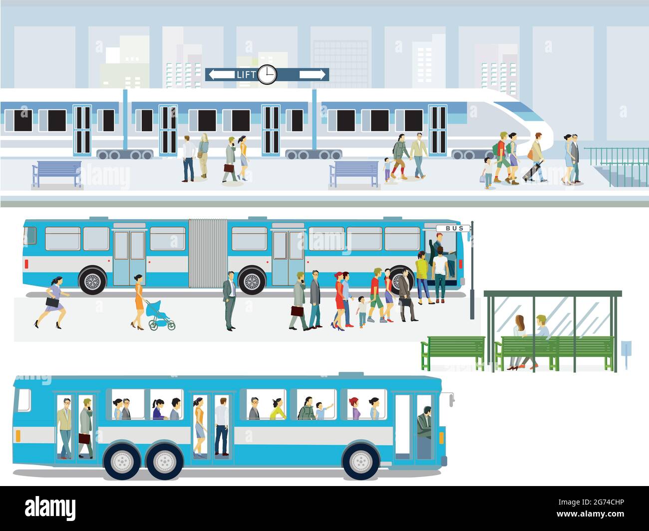 Fermata dell'autobus con treno espresso e passeggeri Illustrazione Vettoriale
