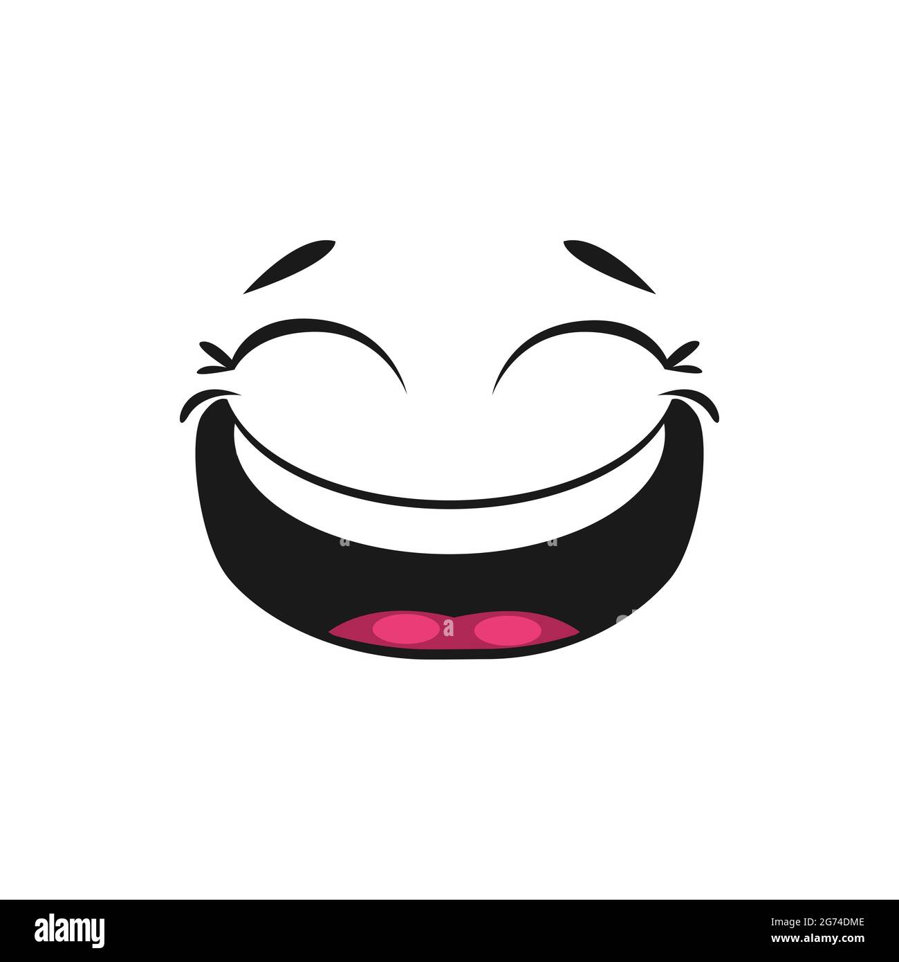 Ridendo sorridente con ampia bocca aperta e occhi di gioia verdati. Vector emoji sorridente felice, emoticon ridacchiante di buon umore. Espressione avatar soddisfatta, Illustrazione Vettoriale