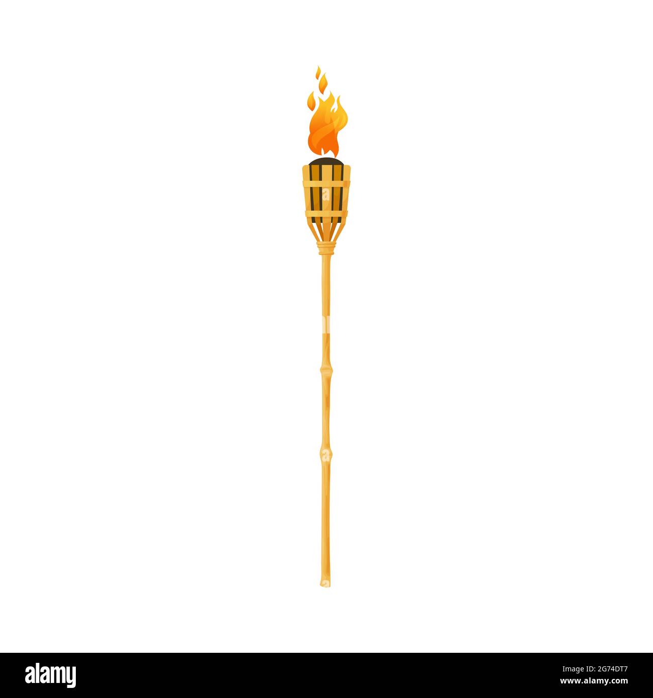 Torcia fuoco fiamma, medievale antica lampada bruciante, icona vettore. Torcia su bastone di bambù di legno, lanterna tribale di fuoco, Hawaii tiki che brucia flambeau o torchli Illustrazione Vettoriale