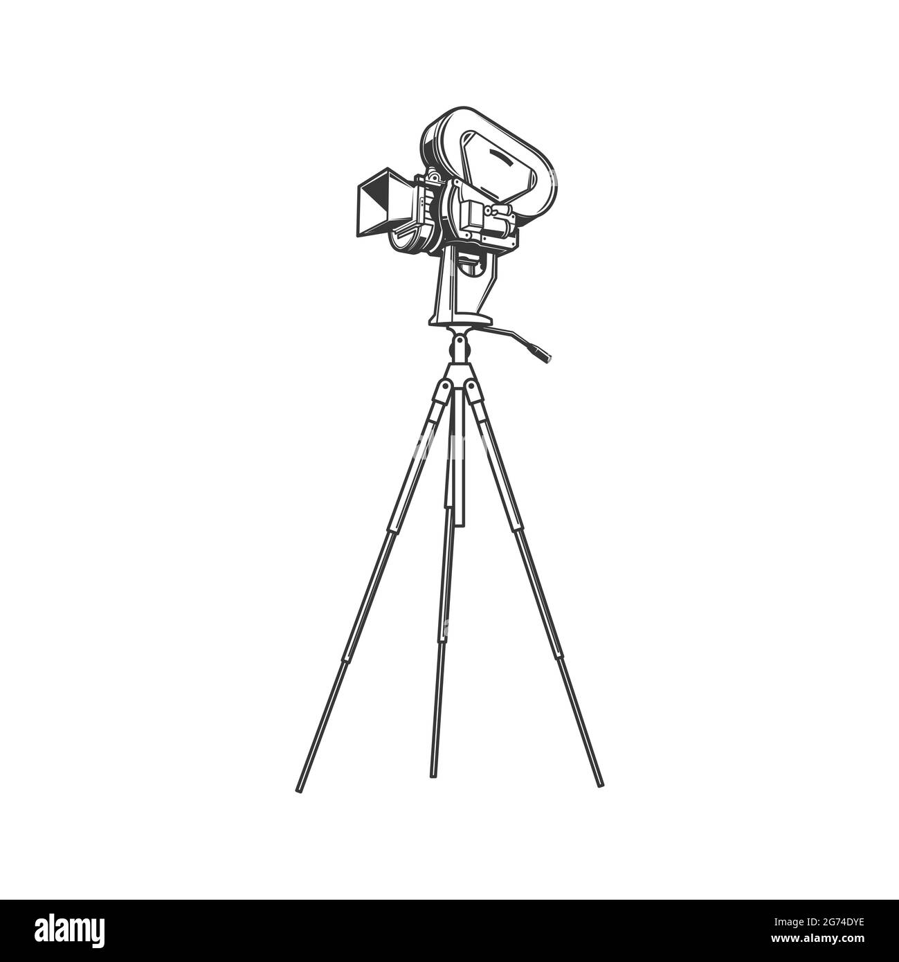 Proiettore di film, dispositivo di registrazione cinema, icona monocromatica isolata. Vector vintage fotocamera su treppiede per la realizzazione di apparecchiature per la produzione di film. Cinematografia retrò de Illustrazione Vettoriale