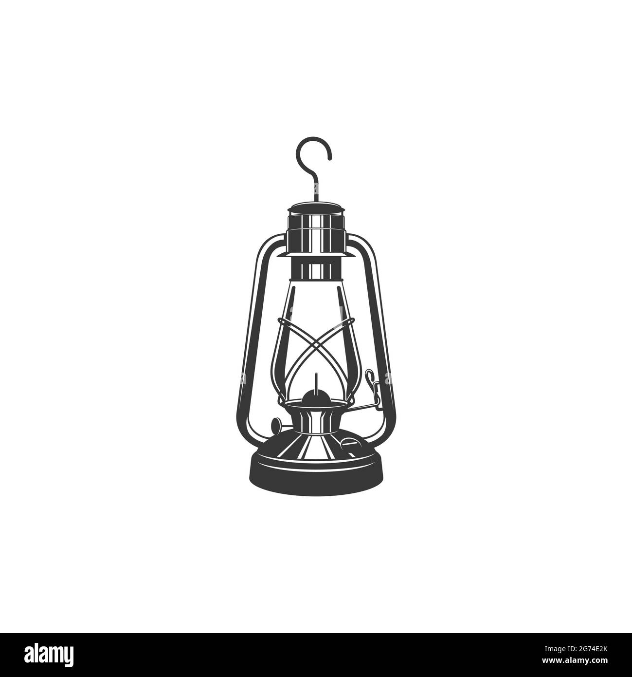 Lanterna in cherosene con manico in metallo, icona monocromatica isolata. Vector vecchia lanterna minatori, lampada ad olio retrò. Lampada retro paraffina. Minatori obje Illustrazione Vettoriale