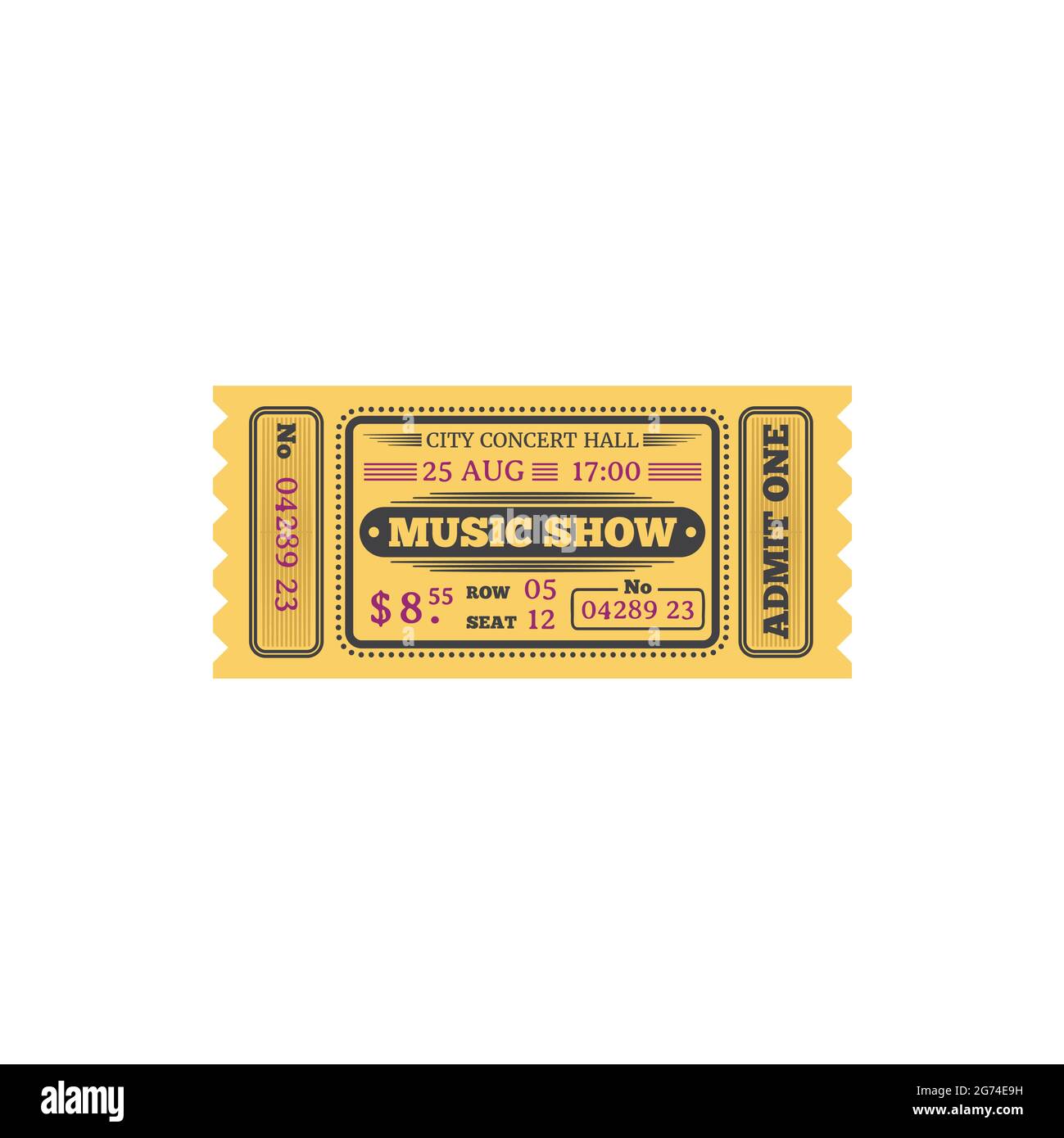 Biglietto per lo spettacolo musicale nella sala musica centrale scheda retro isolata. Vector ammetterne uno sulla musica dal vivo suonata sul palco, esibizione con musica d'orchestra in città Illustrazione Vettoriale