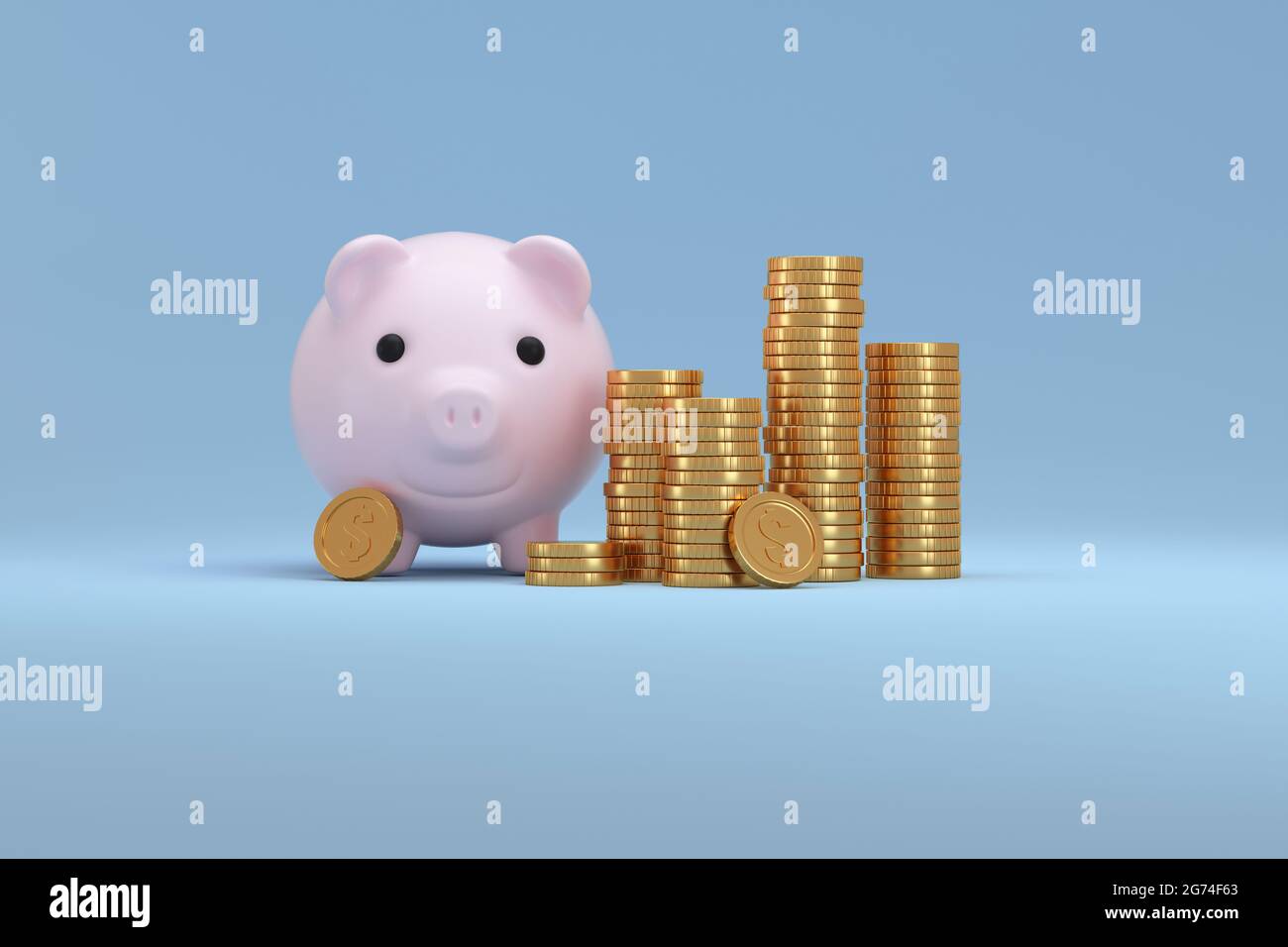 Molte pile di monete d'oro accanto ad una banca di maiale su sfondo blu. Concetto di risparmio di denaro. rendering 3d. Foto Stock