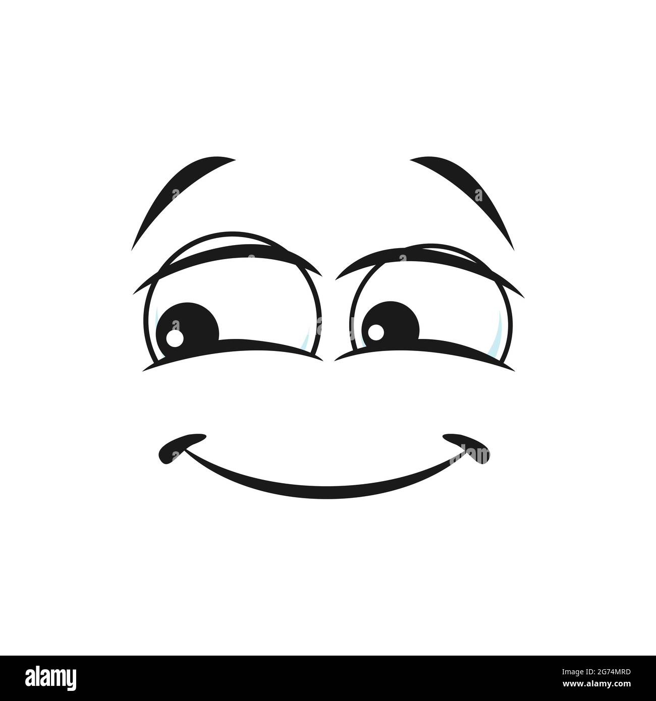 Allegro fumetto imbarazzato smiley con ampio sorriso sottile icona isolato. Vettore felice emoticon sicuro con gli occhi grandi, gentile emoji felice. Gentile-hearted f Illustrazione Vettoriale