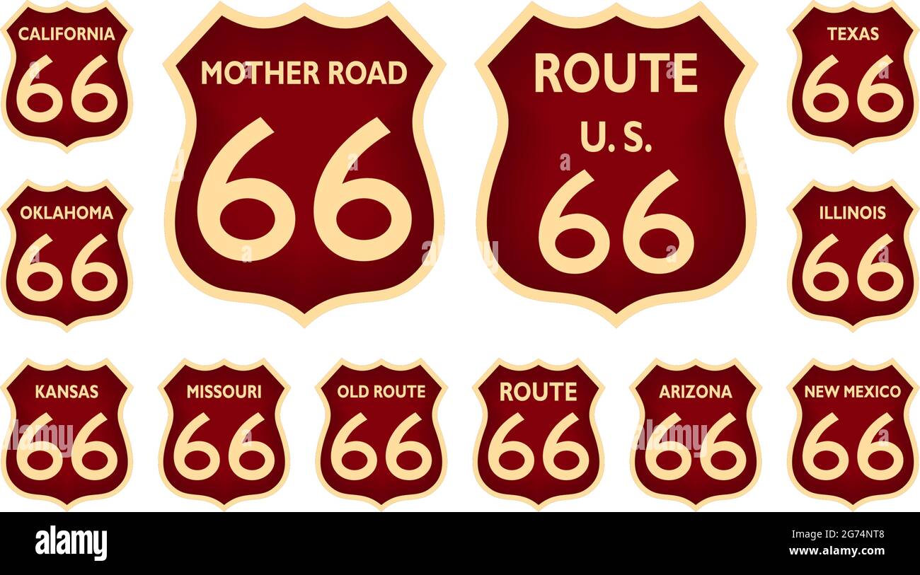 Segnaletica stradale della Route 66 dagli Stati Uniti d'America con tutti gli stati correlati in rosso su sfondo bianco isolato come vettore Illustrazione Vettoriale