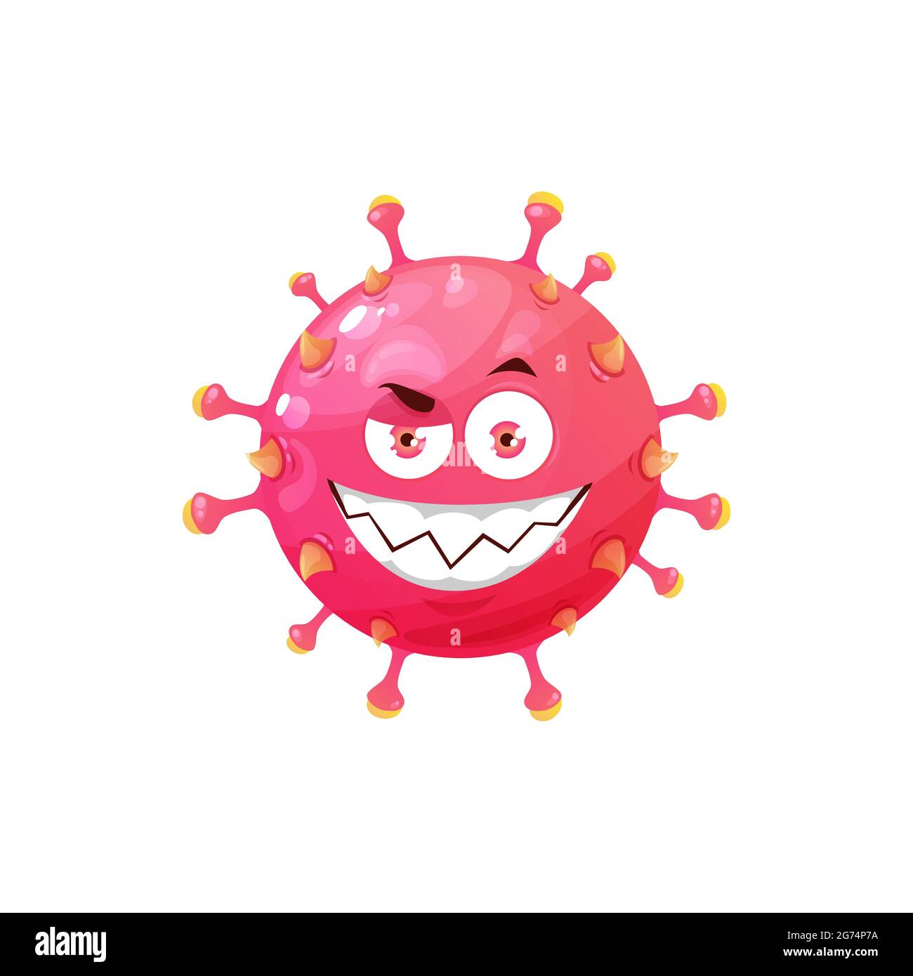 Icona del vettore cellulare del virus del cartone animato, batteri divertenti o carattere germinale con faccia grin arrabbiata. Mostro di microbo patogeno sorridente con occhi di grande inchiostro, isolato c Illustrazione Vettoriale