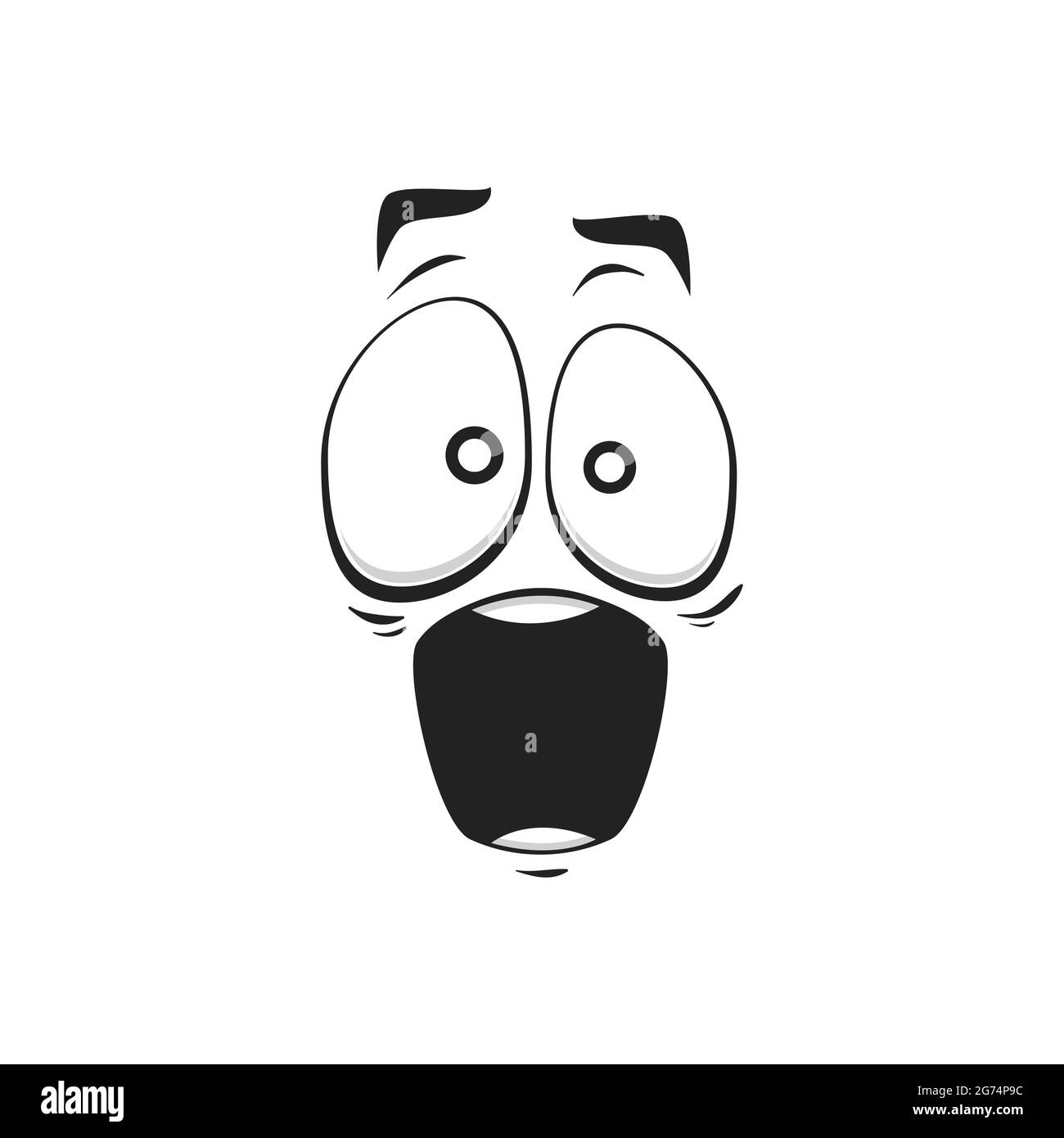Icona vettoriale del volto del cartone animato, emoji divertente sorpresa, espressione facciale sorprendente con occhi ampi o goggle e bocca aperta, sentimenti isolati su bianco Illustrazione Vettoriale