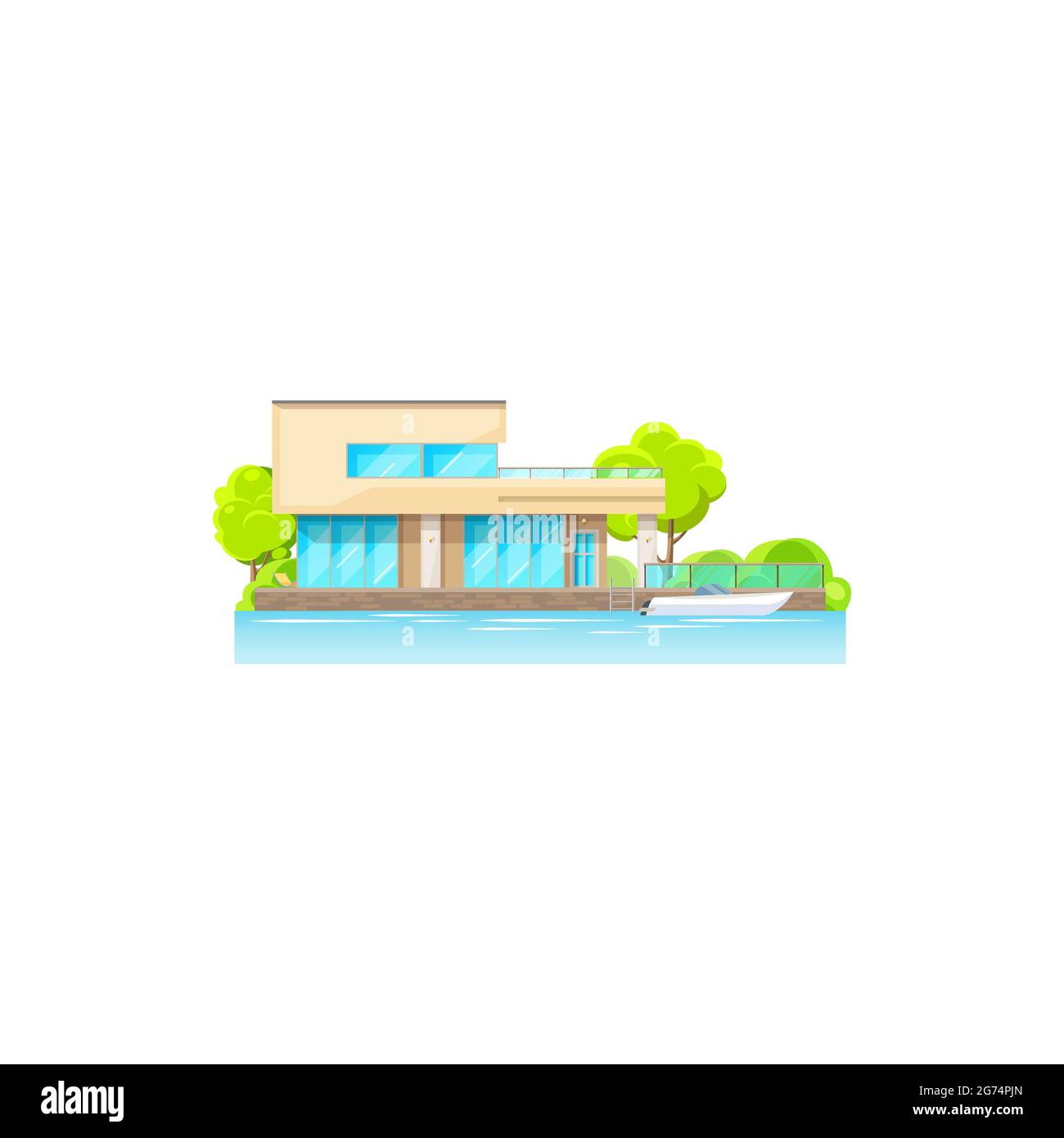 Casa sul mare, oceano, lago o costa fluviale, alberi e barca in acqua isolato. Vector proprietà privata, villa in vendita, exteri facciata Illustrazione Vettoriale