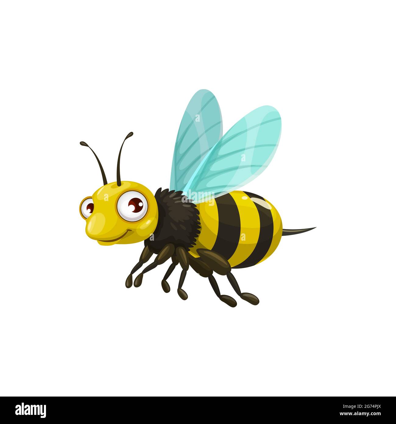 Icona vettore ape cartoon, insetto divertente con corpo a strisce, viso carino e grandi occhi. Miniclub o mascotte apiaria, elemento di design, isolo creatura volante selvatico Illustrazione Vettoriale