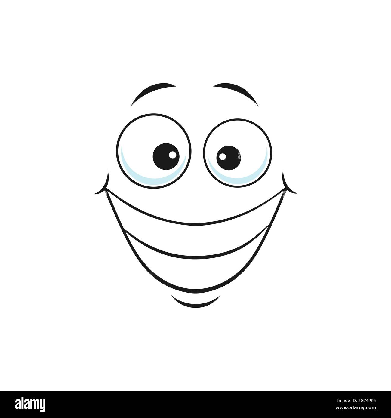 Sorridente che mostra i denti, faccia felice con ampio sorriso isolato icona. Vettore emoji sorridente con occhi grandi, elemento di parlato social network, chatbot A. Illustrazione Vettoriale
