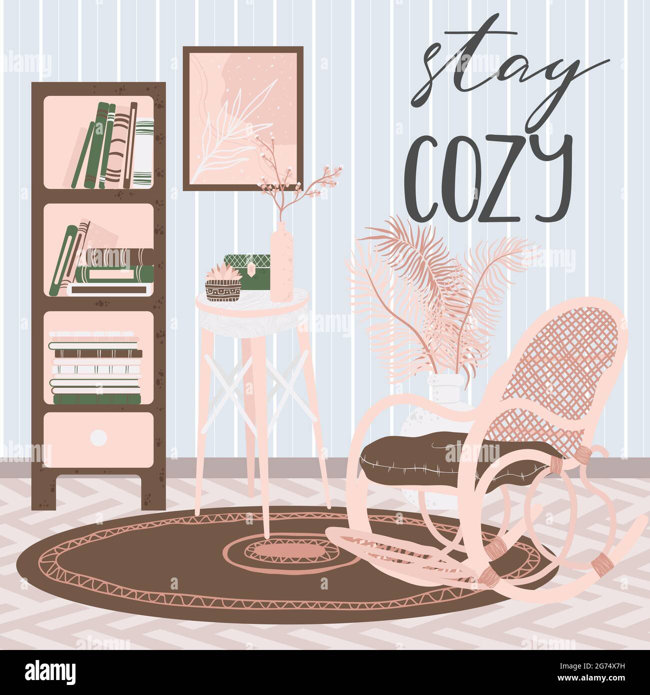 Interni del soggiorno, disegnati a mano in stile scandinavo. Sfondo con slogan scritto a mano soggiorno accogliente. Interno domestico con mensola, sedia di vimini e casa dec Illustrazione Vettoriale