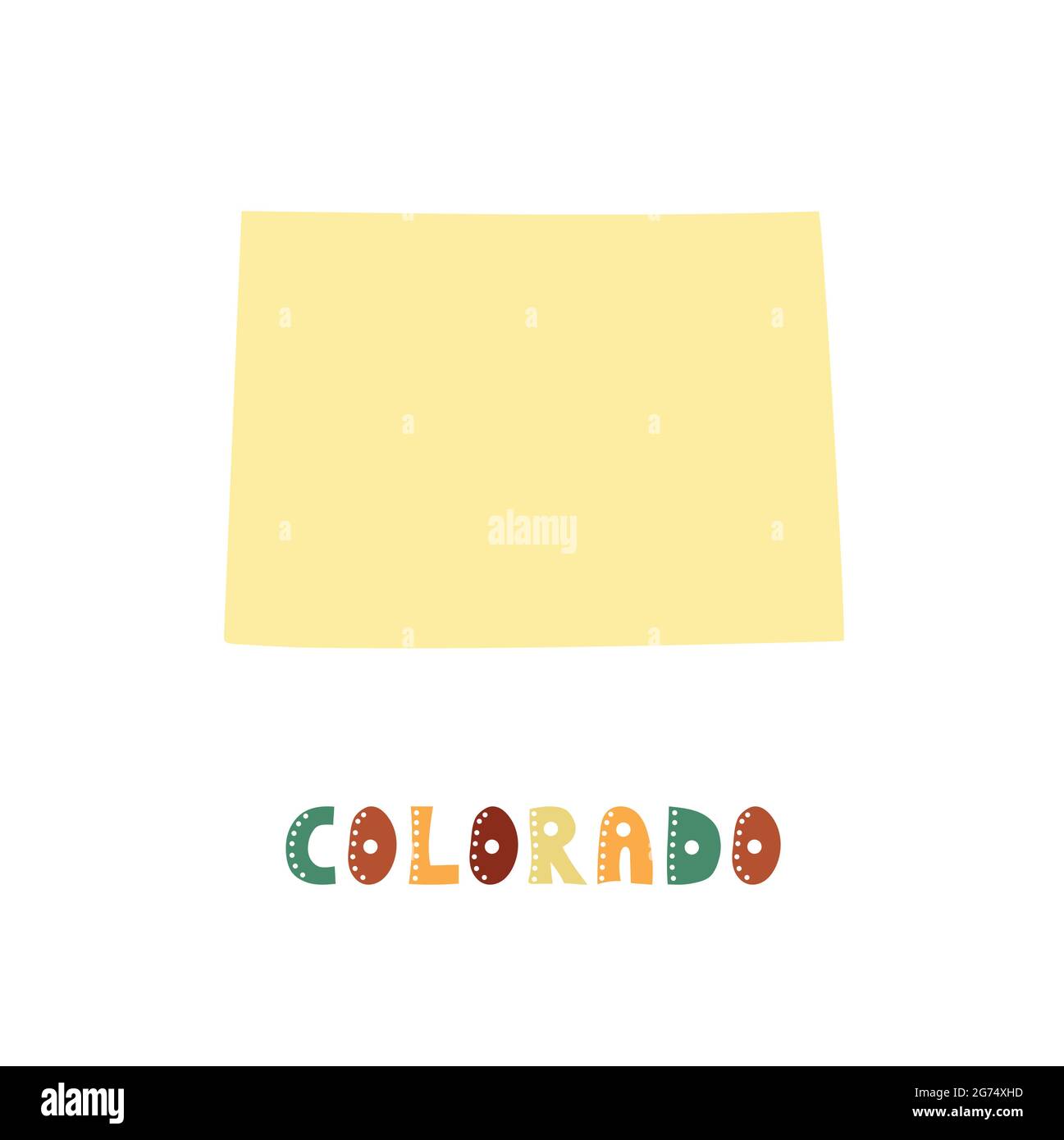 Mappa del Colorado isolata. Collezione USA. Mappa del Colorado - silhouette gialla. Scritta doodling su bianco Illustrazione Vettoriale