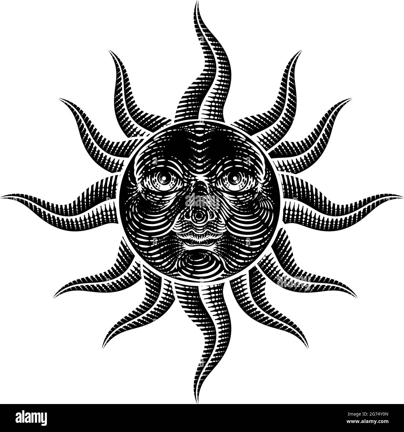 Sun Face Woodcut disegno retro vintage incisione Illustrazione Vettoriale