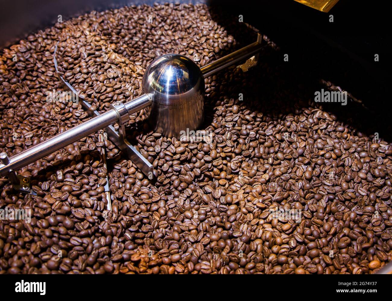 Chicchi di caffè nella macchina per la tostatura Foto Stock