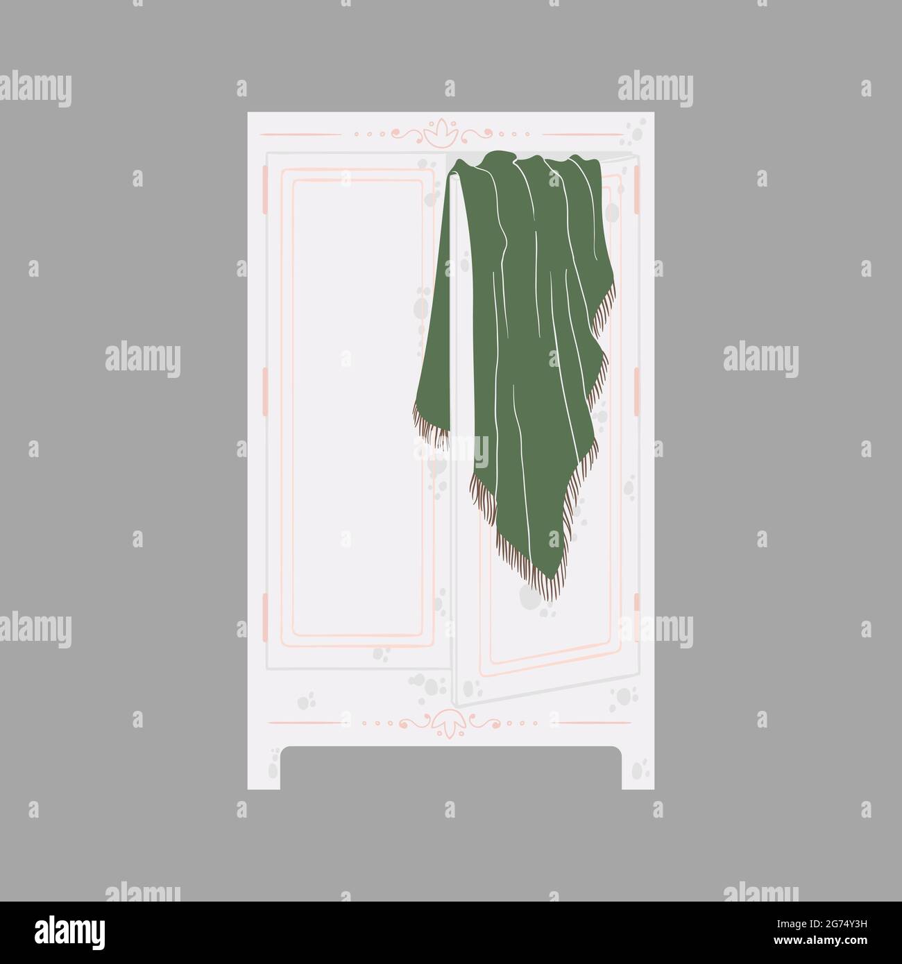 Arredamento camera da letto - deposito o scaffale in stile cartoon piano. grazioso guardaroba in stile scandinavo. Illustrazione vettoriale isolata su sfondo bianco. Illustrazione Vettoriale