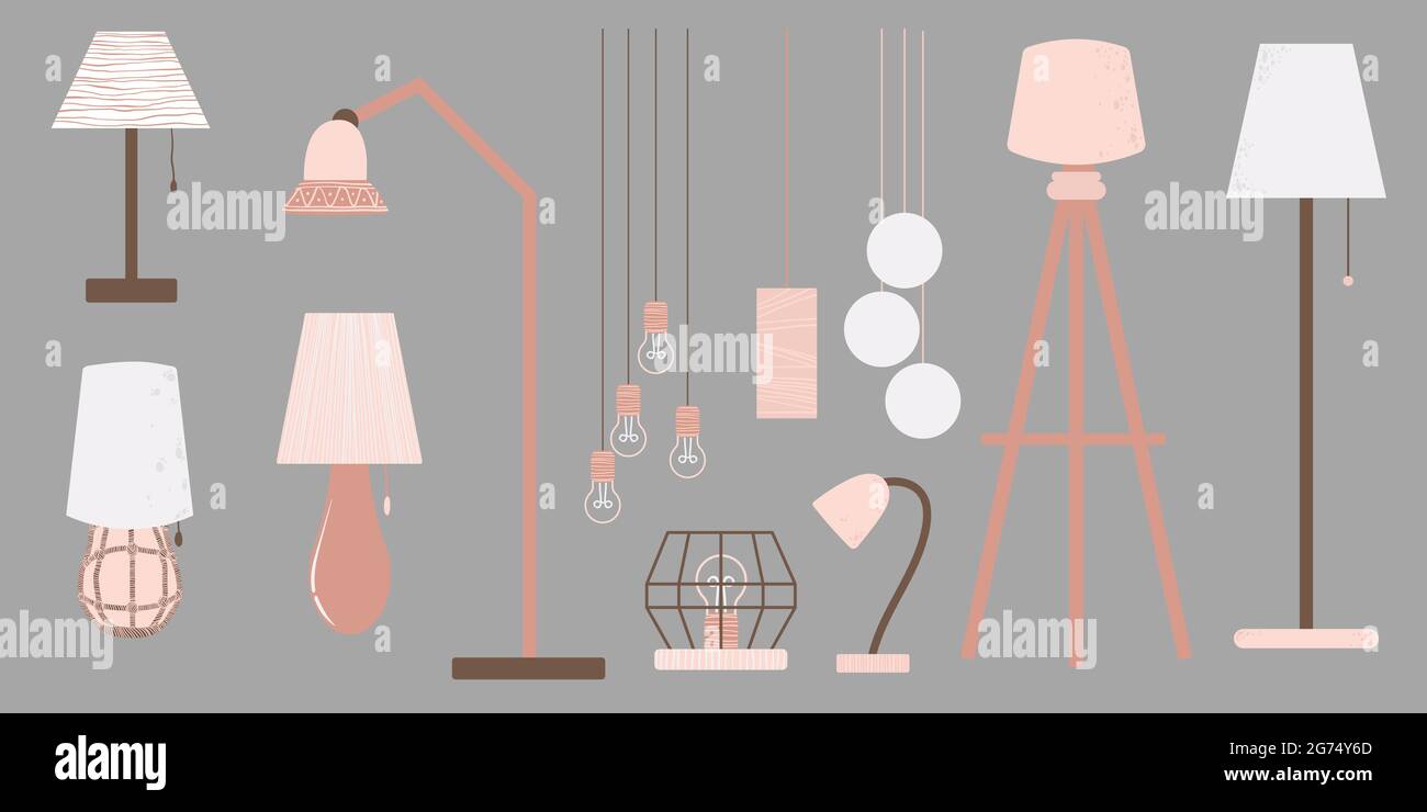 Una collezione di lampade in stile piatto scandinavo. Disegnata a mano varie collezioni di lampade alla moda - arredamento di arredamento per la casa. Isolato su sfondo grigio Illustrazione Vettoriale