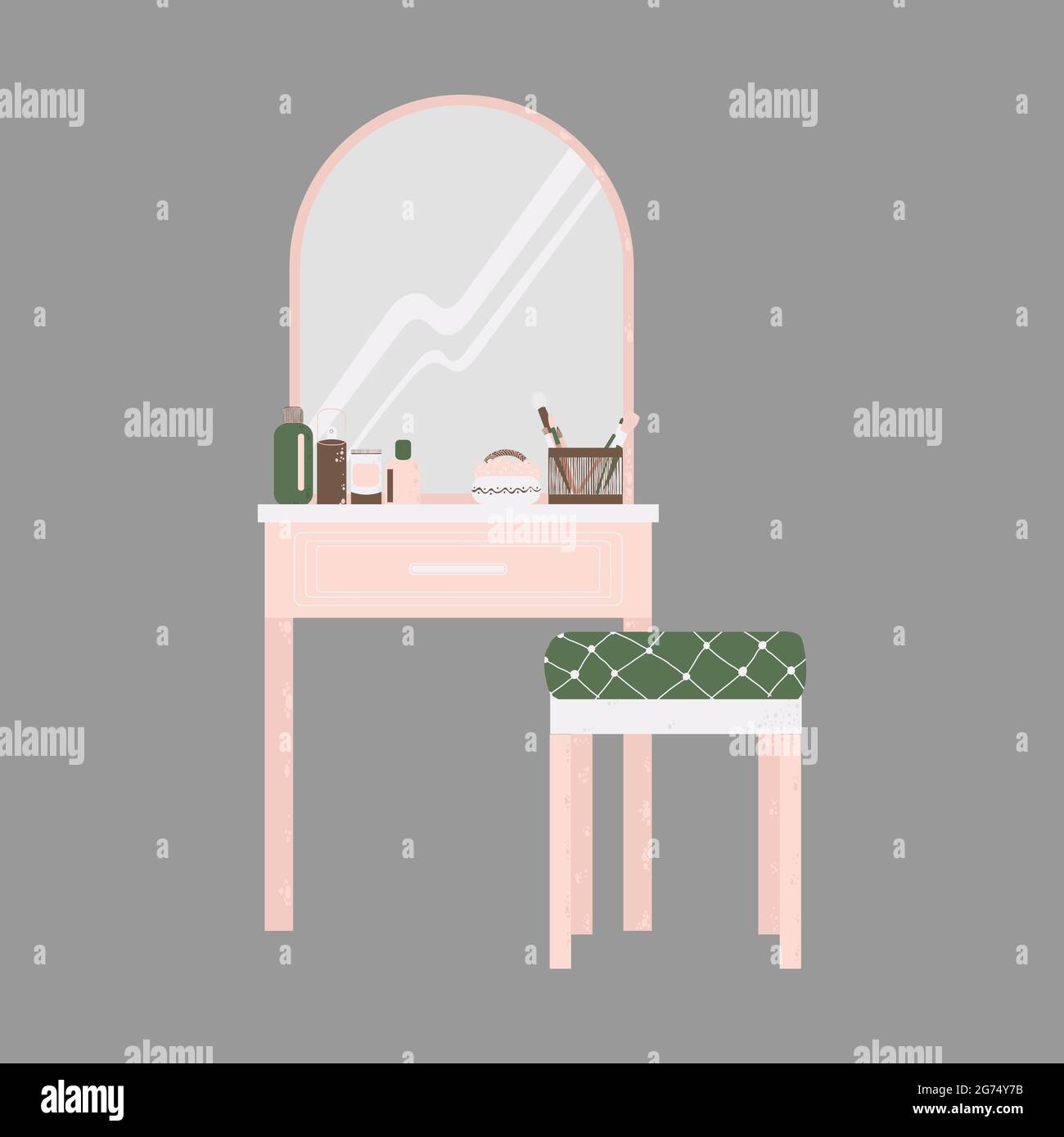 Arredamento camera da letto - toeletta con specchio e cosmetici in stile piano cartone animato. Grazioso tavolo da toletta in stile Scandinavo. Isola di illustrazione vettoriale Illustrazione Vettoriale