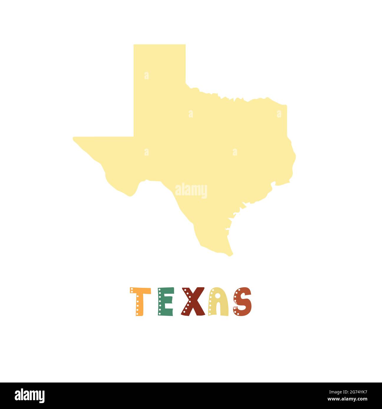 Mappa del Texas isolata. Collezione USA. Mappa del Texas - silhouette gialla. Scritta doodling su bianco Illustrazione Vettoriale