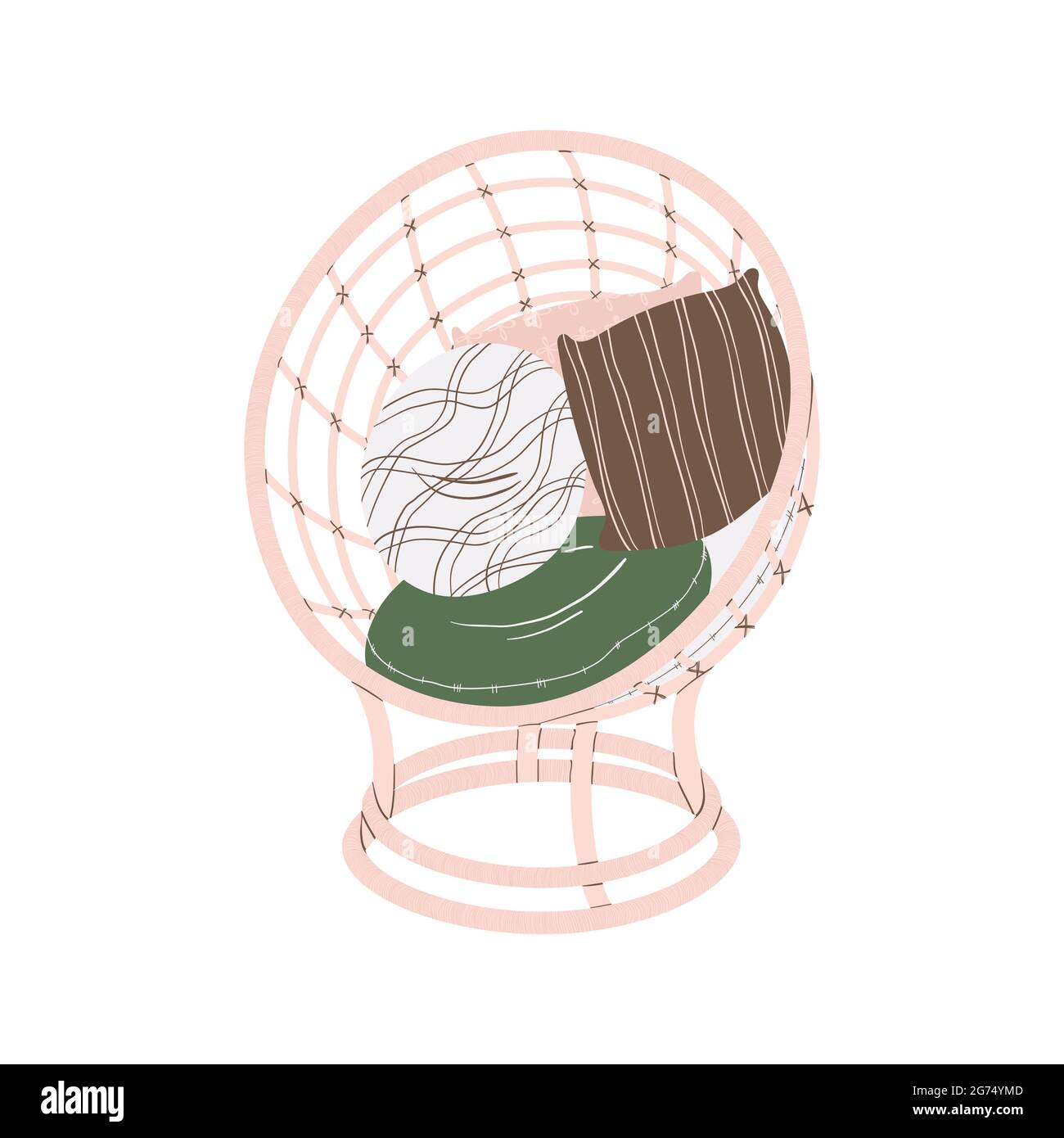 Clip art di comoda sedia in vimini con cuscino in stile scandinavo. Clip art vettoriale di poltrona in vimini in stile cartoon. Arredamento accogliente per la casa. Illustrazione Vettoriale