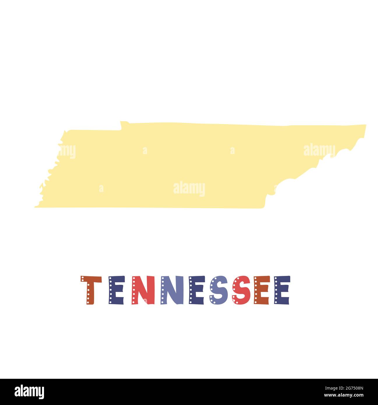 Mappa del Tennessee isolata. Collezione USA. Mappa del Tennessee - silhouette gialla. Scritta doodling su bianco Illustrazione Vettoriale