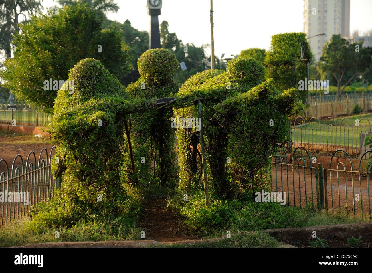 Mumbai; Maharashtra; India- Marzo; 2015 : contadino e bullock fatto di foglie verdi che pendono giardino o pherozeshah mehta giardino malbar collina Grant Road Foto Stock